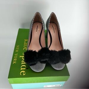 kate spade Black & White Pom-Pom Houndstooth Block Heels